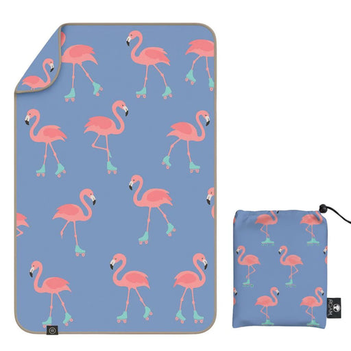 Flamingo-patterned blanket and pouch on a blue background