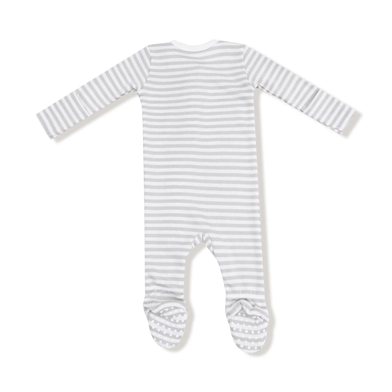 Full back view of the grey and white striped footie with attached feet.
