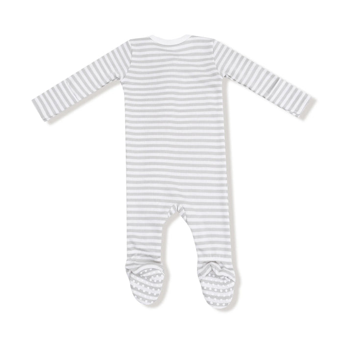 Full back view of the grey and white striped footie with attached feet.