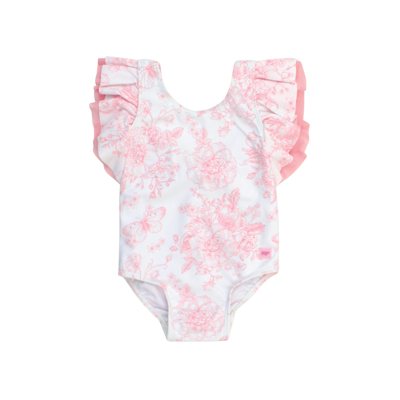 A bubblegum pink one-piece swimsuit with butterfly garden toile pattern and ruffled sleeves.