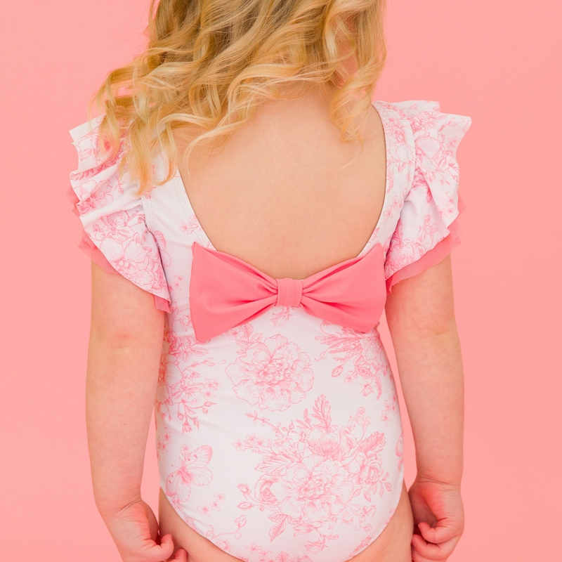 RuffleButts | Butterfly Sleeve One-Piece | Bubblegum Pink Butterfly Garden Toile
