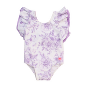 A wisteria purple one-piece swimsuit for girls with butterfly garden design and ruffle sleeves.