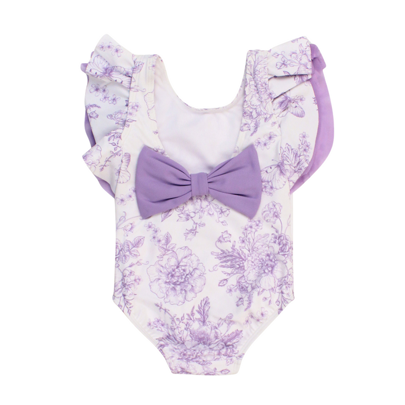 RuffleButts | Butterfly Sleeve One-Piece | Wisteria Purple Butterfly Garden Toile