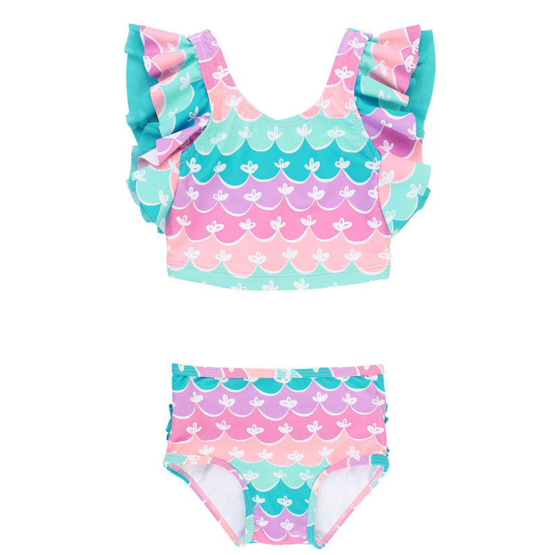 Baby girl 2 piece swimsuit with ruffle sleeves and mermaid style print
