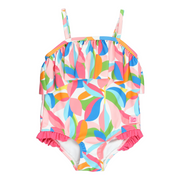 A colorful one-piece ruffle swimsuit for girls with a pinwheel print.