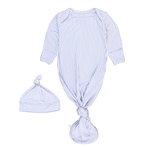 Blue and white striped baby outfit with knotted design and matching hat on a white background