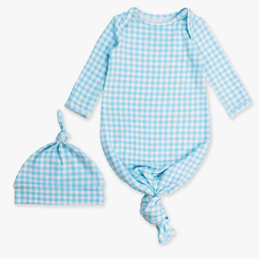 Blue gingham baby gown and hat set on a white background