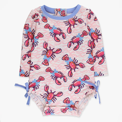 Children's swimsuit with lobster pattern on a pink background