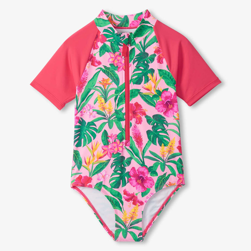 Children's swimsuit with pink floral pattern on a white background