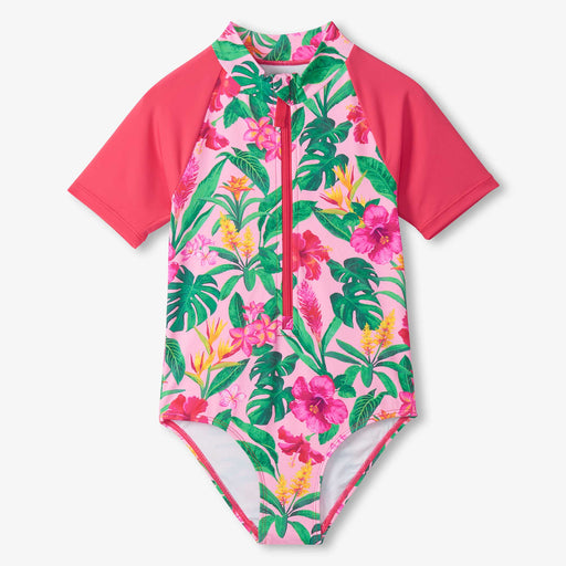 Children's swimsuit with pink floral pattern on a white background
