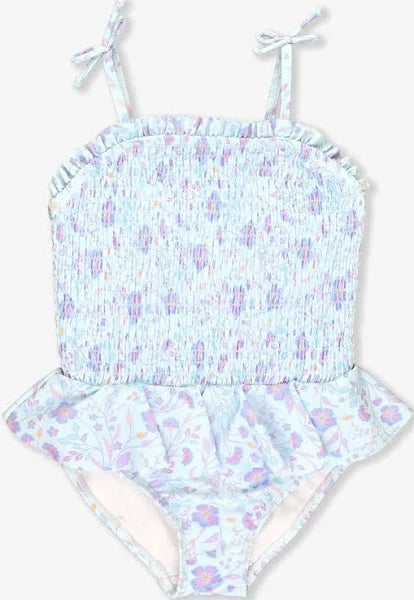 Floral swimsuit with ruffled design on a white background