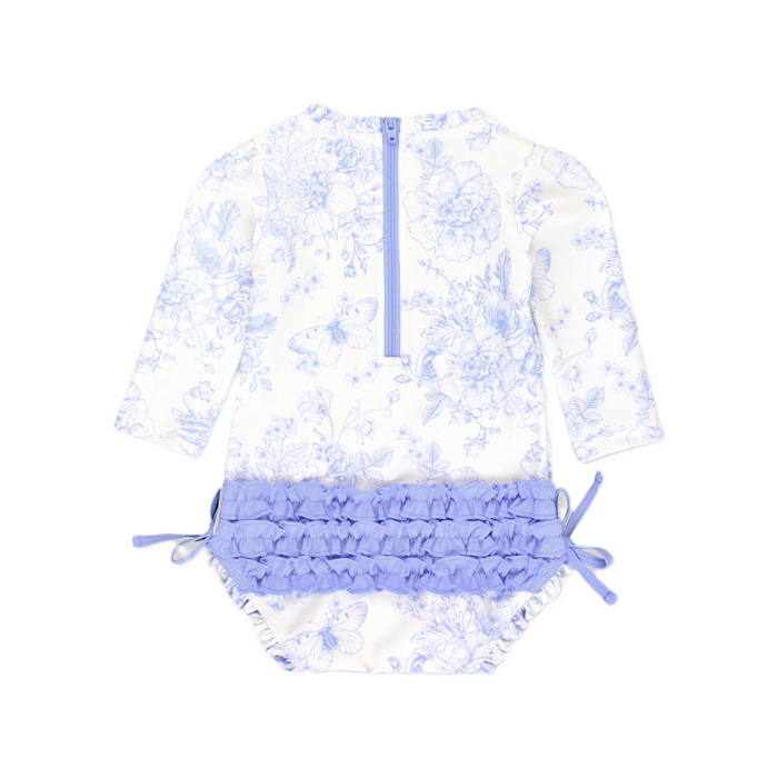 Rufflebutts | Long Sleeve One-Piece Rash Guard | Periwinkle Butterfly Garden White