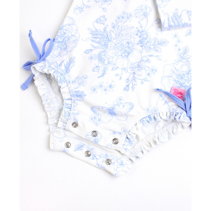 Rufflebutts | Long Sleeve One-Piece Rash Guard | Periwinkle Butterfly Garden White