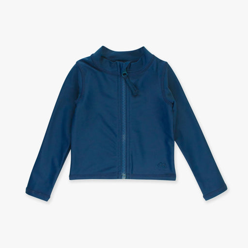 Blue zipper rash guard on a white background