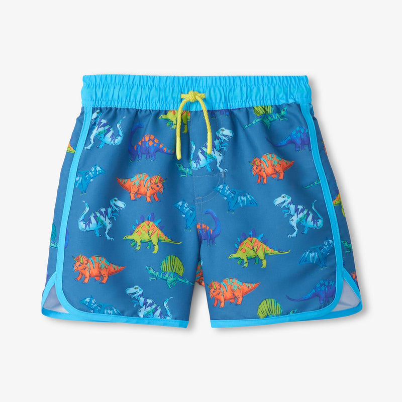Blue swim shorts with colorful dinosaur pattern on a light gray background