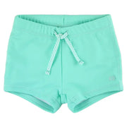 A pair of blue swim shorties for babies with a drawstring waist.