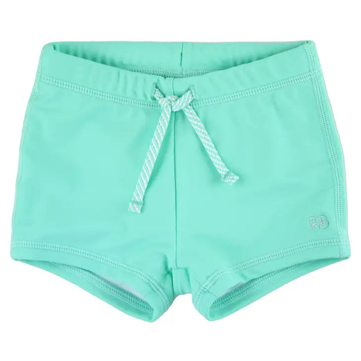 A pair of blue swim shorties for babies with a drawstring waist.
