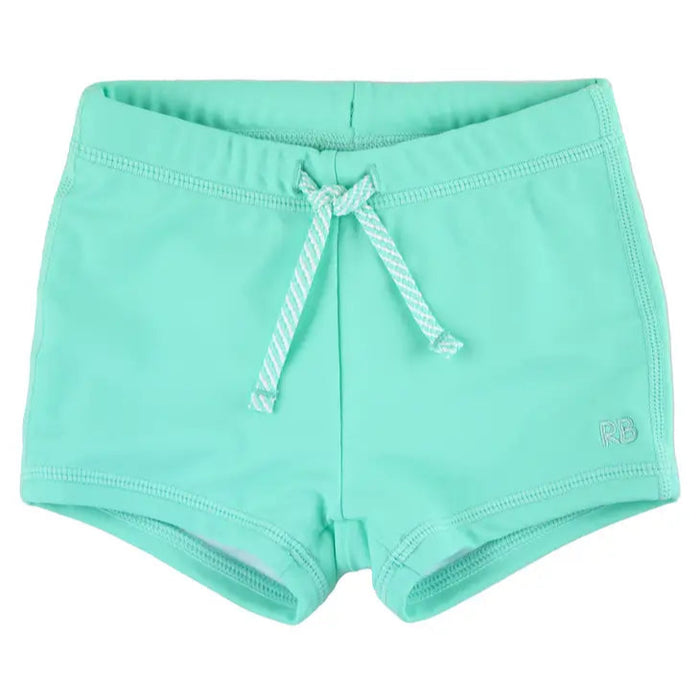 A pair of blue swim shorties for babies with a drawstring waist.