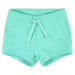 A pair of blue swim shorties for babies with a drawstring waist.