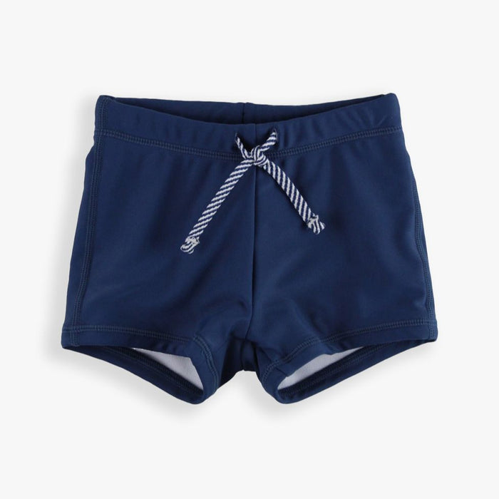 Navy blue swim shorts with a striped drawstring on a white background