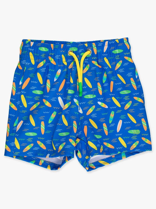 Colorful swim shorts with a pattern on a white background