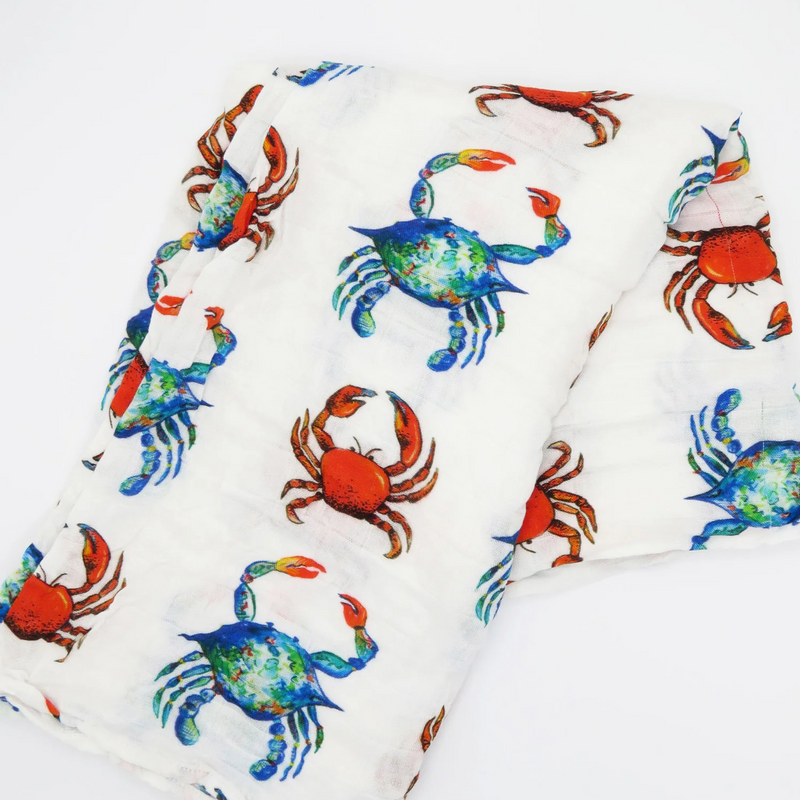 saltwater swaddle organic cotton and bamboo blanket blue red crabs