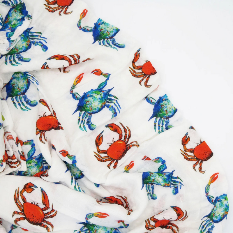 saltwater swaddle organic cotton and bamboo blanket blue red crabs_2
