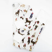 Saltwater Swaddles Santa Dogs convertible zipper footie laid flat, featuring hand-painted Labrador Retrievers, Pointers, and Retrievers wearing Santa hats on white background