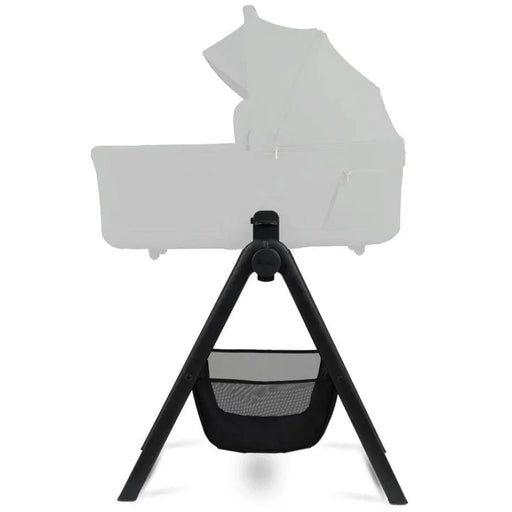 Silver Cross bassinet stand with bassinet attached and mesh storage basket underneath
