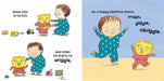 Inside spread of “How to Tuck In Your Sleepy Lion” showing the child and lion getting ready for bedtime.