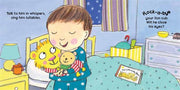 Inside page showing the child tucking in the sleepy lion with warm, colorful nighttime illustrations.