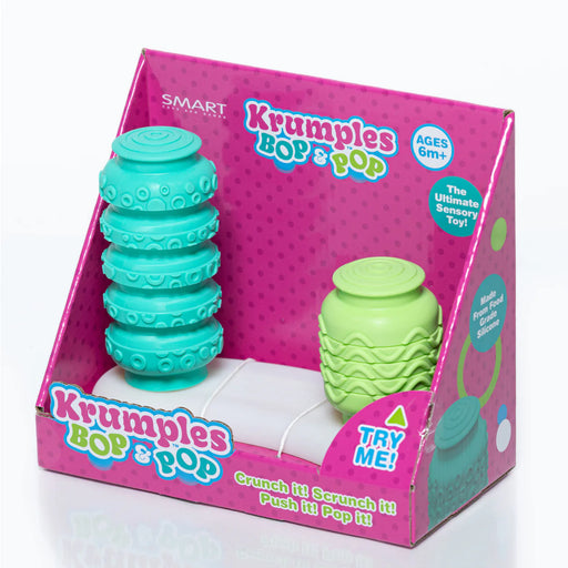 Krumple's Bop & Pop toy set in packaging with pink background