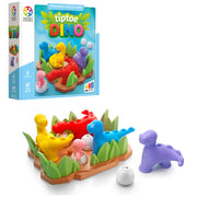 SmartGames Tiptoe Dino box with dinosaur pieces, eggs and board
