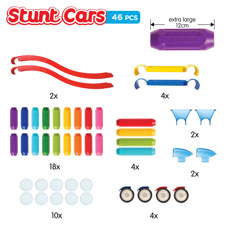 SmartMax Stunt Cars 46-piece set contents: ramps, magnetic bars, metal balls, wheels, cockpits and containers