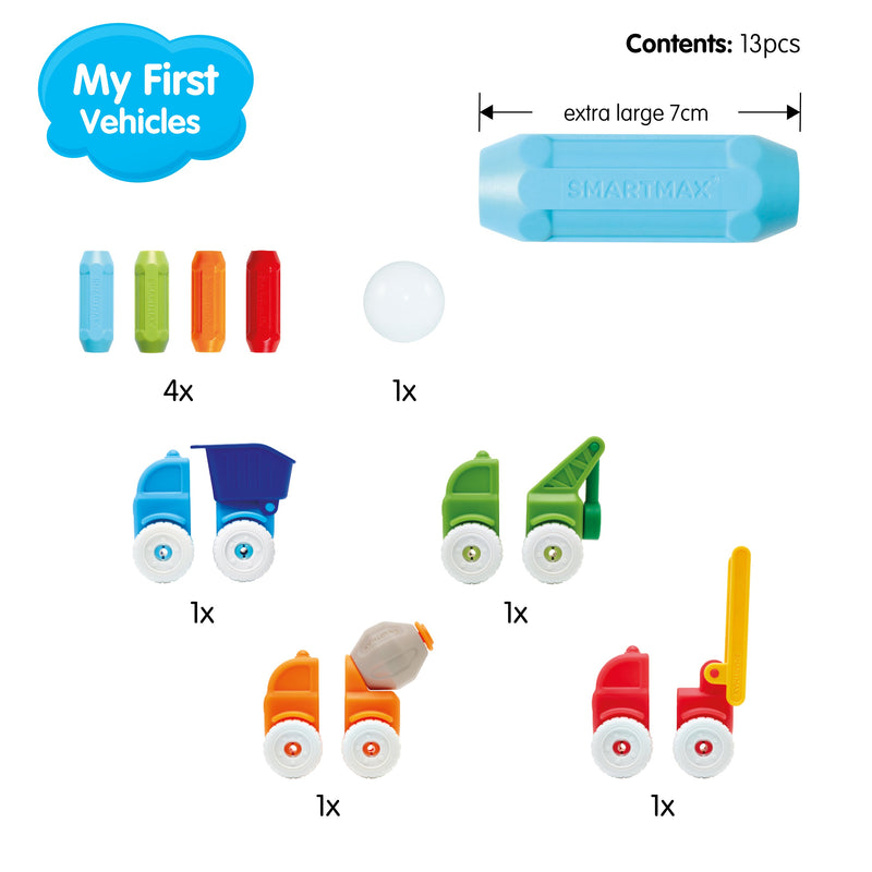 SmartMax My First Vehicles 13-piece set contents: magnetic bars, truck pieces and ball
