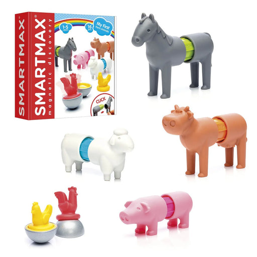 SmartMax magnetic building set with farm animal figures and packaging on a white background