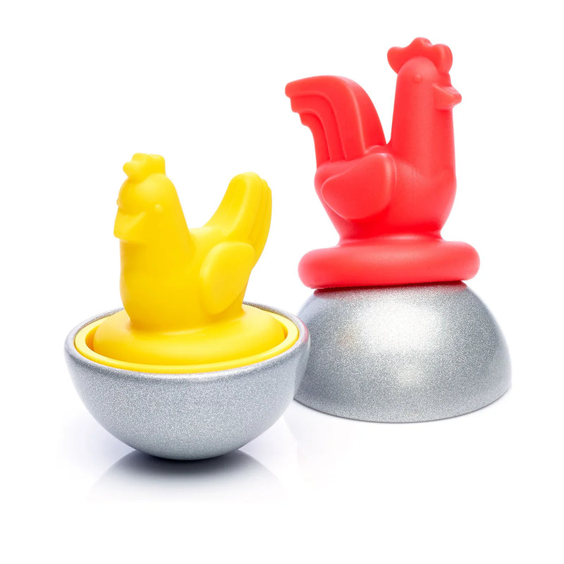 Two chicken-shaped objects, one yellow and one red, on metallic bases against a white background.