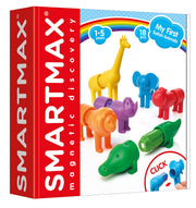 SmartMax magnetic discovery toy set packaging with colorful animals and red SmartMax branding.
