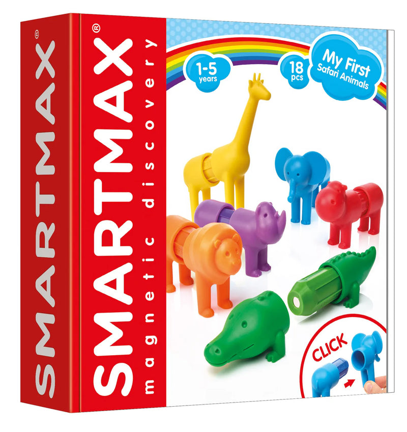 SmartMax magnetic discovery toy set packaging with colorful animals and red SmartMax branding.