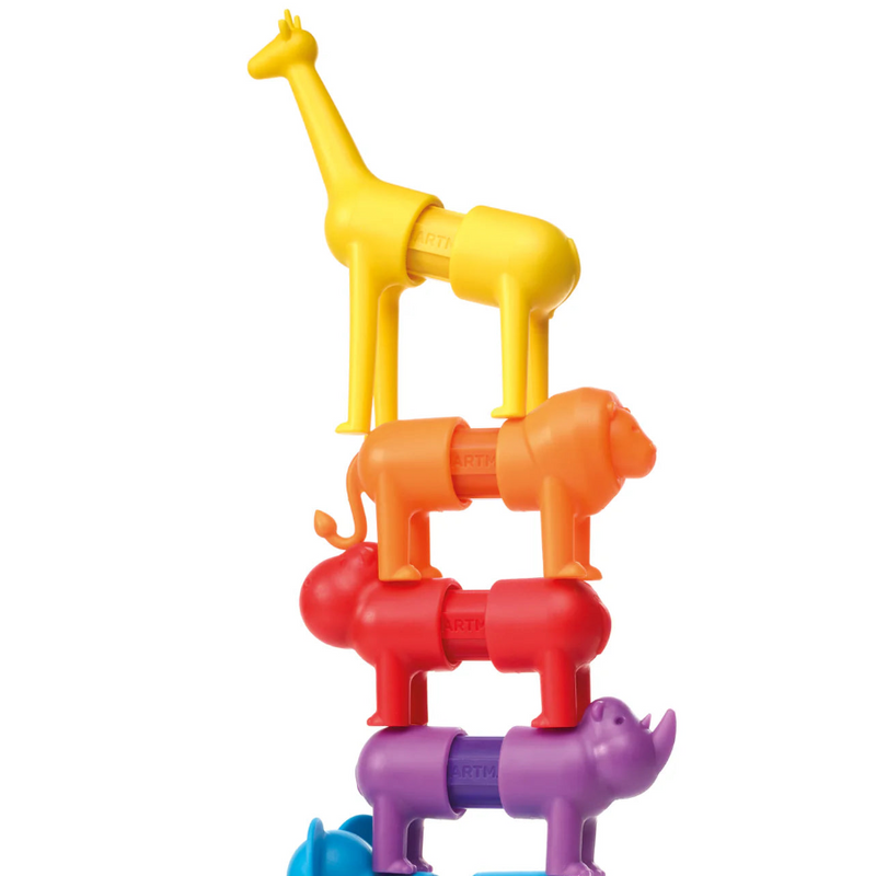 Stack of colorful animal-shaped building blocks on a white background