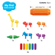 Set of colorful animal toys with packaging details on a white background