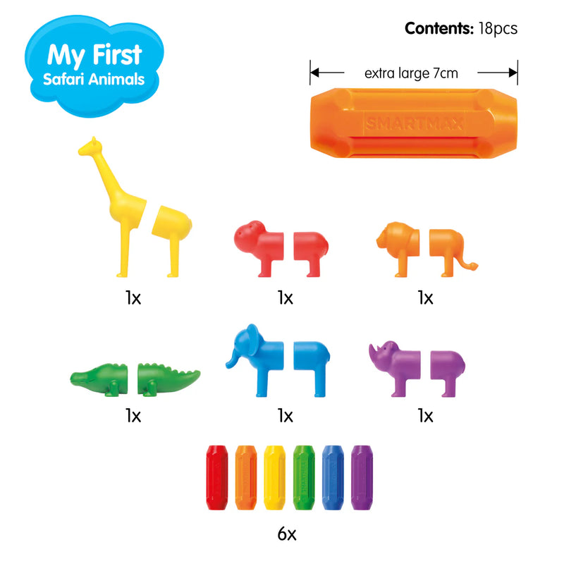 Set of colorful animal toys with packaging details on a white background