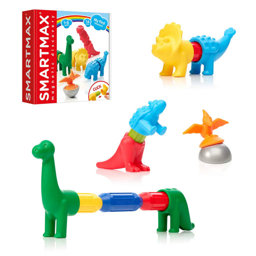 SmartMax magnetic building set with colorful dinosaur figures and packaging on a white background