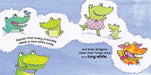 Inside spread showing a crocodile character learning toothbrushing steps through playful illustrations