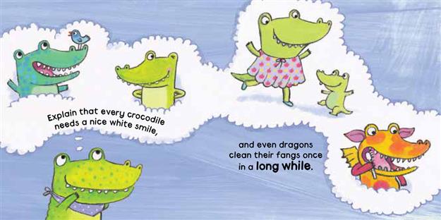 Inside spread showing a crocodile character learning toothbrushing steps through playful illustrations