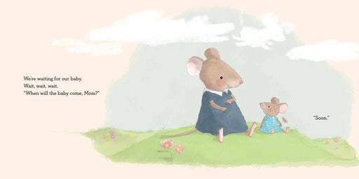 Illustration of a mouse couple with a baby bump, sitting on grass with clouds in the background.