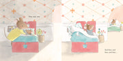 Illustration of two teddy bears in bed with a polka dot ceiling.