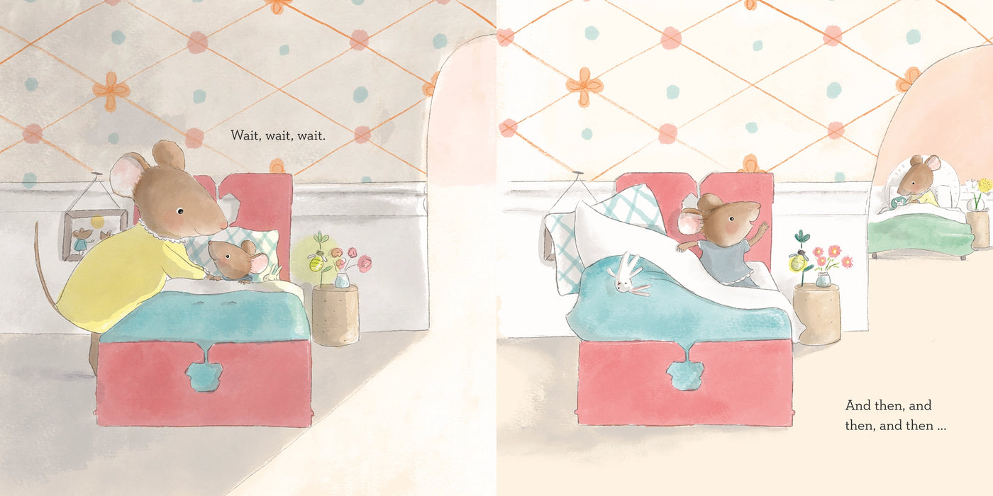 Illustration of two teddy bears in bed with a polka dot ceiling.