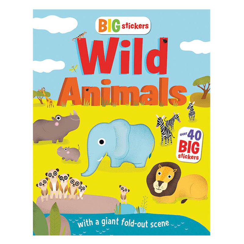 Cover of Big Stickers Wild Animals book featuring illustrated elephant, lion, hippos, giraffes, and zebras.