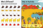 Educational pages from a book showing differences between animals and Australian animals.